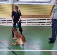 Funkcjonariusz z psem i klasy mundurowe na sali gimnastycznej