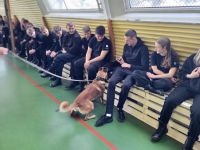 Funkcjonariusz z psem i klasy mundurowe na sali gimnastycznej